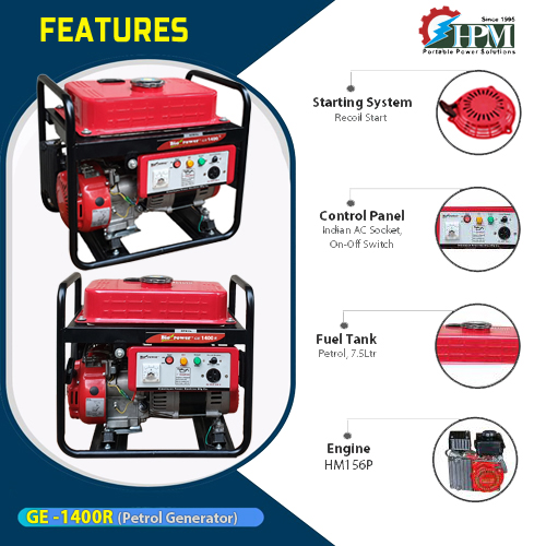 1.2 KVA light weight Portable smart Generator, Petrol Run Recoil Start, Model GE-1400R